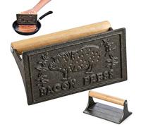 HIC Kitchen Bacon Press, Rectangular, Heavyweight Cast Iron, Wood Handle, for Stovetop Grill and Griddle