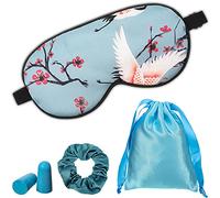 Hicarer 1 Set Silk Eye Mask for Sleeping with Earplug Travel Pouch and Hair Scrunchies Silk Sleep Mask Soft Eye Cover Crane Pattern Eyemask with Adjustable Strap for Women Men Night(Blue Crane)