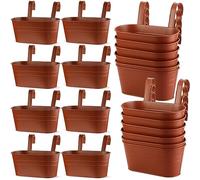 Hicarer 12 Pcs Metal Hanging Flower Pots for Railing Fence, 10.6 Inch Hanging Rail Planters for Outdoor Window Balcony Plants Holder with Hooks for Garden Yard Home Decor (Brown)