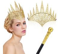 Hicarer 2 Pcs Women Queen Crown Set Royal Die Cut Glitter Crown Cane Witch Costume Accessory for Halloween Party(Gold)