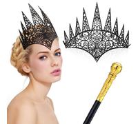 Hicarer 2 Pcs Women Queen Crown Set Royal Die Cut Glitter Crown Cane Witch Costume Accessory for Halloween Party (Black)