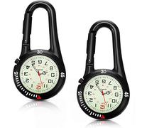 Hicarer 2 Pieces Clip on Quartz Watch Backpack Fob Belt Glow in The Dark Unisex Pocket Watch with White Dial for Doctors Nurses Outdoor Activities, Black, Quartz Watch