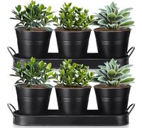 Hicarer 2 Sets Herb Planter with Tray Metal Herb Garden Planter with Drainage Farmhouse Windowsill Pots for Indoor Plants Flower Succulent Outdoor Kitchen Apartment Balcony Window (Black)