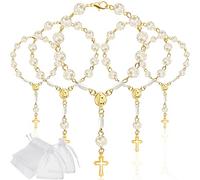 Hicarer 20 Pieces Baptism Rosary Mini Acrylic Rosary Beads Favors Rosaries White Beads Chains with Bags for Baptism Christening Communion Baby Shower Party(Gold)