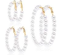Hicarer 3 Pairs Pearl Hoop Earrings Pearl Earrings for Women Girlfriend Brides Gift Silver Earring Needle, One Size, faux pearl, No Gemstone
