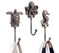 Hicarer 3 Pcs Nautical Wall Hooks Cast Iron Hangers for Bathroom | Vintage Gold for Ocean Themed Bathroom, Sea Turtle Octopus Seahorse Wall Hooks Winter Decor Curtain Hangers