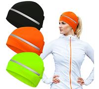 Hicarer 3 Pieces Reflective Fleece Running Ponytail Hat Women Safety Beanie with Ear Covers Cold Weather Skull Cap (Black, Fluorescent Orange, Fluorescent Green), M