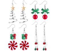 Hicarer 4 Pairs Christmas Dangle Earrings Set Christmas Tree Bell Light Bulbs Hoop Earrings for Holiday Women, Metal, No Gemstone