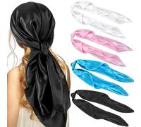 Hicarer 4 Pcs 35 Inch Silk Head Scarf Large Square Neck Scarf Sleeping Hair Wrapping Satin Scarf for Women, Black,white,blue,pink, approx. 35 x 35 inches