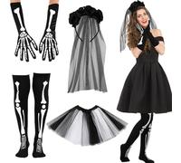 Hicarer 4 Pcs Halloween Day of the Dead Costume Set Women Include Skeleton Gloves Socks Gothic Bride Black Veil with Flowers Costumes Tutu for Adults Halloween Parties Accessories