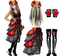 Hicarer 4 Pcs Halloween Day of the Dead Costumes for Women, Include Multicolor Tie on Bustle, Flower Headband Rose Flower Costume Headpiece, Fingerless Skeleton Gloves and Skeleton Thigh High Socks