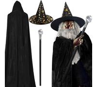 Hicarer 4 Pcs Halloween Wizard Costume Set Include Wizard Hat Cloak Wig Beard Wand Costume Accessories for Adults(Black)