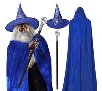 Hicarer 4 Pcs Halloween Wizard Costume Set Include Wizard Hat Cloak Wig Beard Wand Costume Accessories for Adults(Blue)