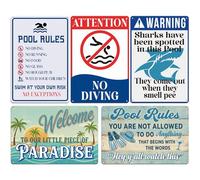 Hicarer 5 Pack Pool Signs Wall Decor Set Funny Pool Rules Poolside Metal Tin Signs Retro Summer Swimming Pooling Decorations Warning Sharks for Backyard Patio Bar Pooling River Beach House
