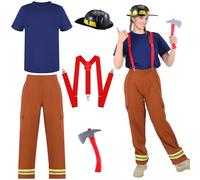 Hicarer 5 Pcs Firefighter Costume for Men Fireman Helmet Axe T Shirt Pants with Attached Suspenders Halloween Cosplay Outfit, Brown, Medium