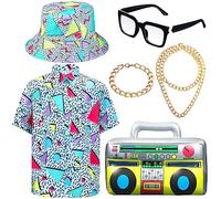 Hicarer 6 Pcs 80s 90s Outfits Accessories Set for Men Hip Hop Costume Rapper Kit Retro Print Button Down Shirt Bucket Hat Gold Chain Bracelet Sunglasses Inflatable Radio Balloon (,XL)