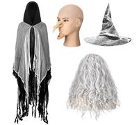 Hicarer 6 Pcs Halloween Hooded Cloak with White Tulle Old Witch Costume Set Includes Spider Web Witch Hat Gray Wig and Adjustable Nose Chin Medieval Halloween Wizard Cape Grim Reaper Cosplay for Adult