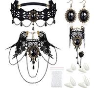 Hicarer 8 Pieces Halloween Vampire Costume Gothic Jewelry Set Teeth Fangs Choker Earrings Bracelets Gothic Costume Accessories for Victorian Halloween Party Vampire Cosplay Party Supplies