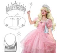Hicarer 8 Witch Cosplay Costume Set with Gold Wig Necklace Bow Earring Wand Stocking Crown Bag Lace Gloves for Adults Witch Party Dress up Outfit Halloween Decor