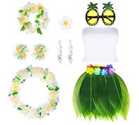 Hicarer 9 Pcs Hawaiian Costumes for Women Hawaii Luau Party Skirt Shirt Pineapple Sunglasses Leis Necklace Bracelet Earrings (Medium)
