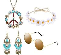 Hicarer Hippie Costume Set Include Sunglasses, Headband, Peace Sign Necklace and Earring (Turquoise Style)