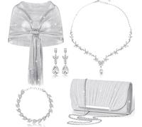 Hicarer Sparkling Shawls and Wraps with Buckle, Clutch Bag and Earring Necklace Bracelet Set for Women Evening Dresses (Silver)