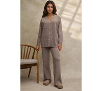 Hiccup Women's V-Neck Cardigan & High Waist Wide Leg Pants Knit Co-Ord Set in Light Brown | Size: Medium Hiccup Light Brown M