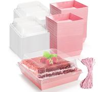Hiceeden 100 Pcs Pink Paper Charcuterie Boxes with Clear Lids, 5.3"×5.1"×2.4" Cardboard Dessert Food Containers with Rope, Disposable Square Sandwich Box for Bakery, Donuts, Cookies, Strawberry, Salad