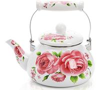 Hiceeden 2.6 Quart Enamel Tea Pot for Stovetop, Pink Vintage Tea Kettle with Floral Pattern, 2.5 L Delicate Cute Steel Water Kettle Pot with Porcelain Handle