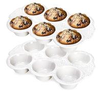 Hiceeden 2 Pack 6-Cup Ceramic Muffin Pan, Nonstick Cupcake Baking Pans with Handle, Ceramic Muffin Tin with Embossed Pattern for Muffin, Cupcake, White