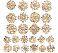 Hiceeden 24 Pieces Gold Crystal Brooches for Women, Rhinestone Brooches and Pins Flower Brooch for Crafts, Diamond Pins for Flower Wedding Bouquet Pins Set