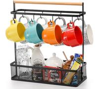 Hiceeden Coffee Cup Holder with Storage Basket, Coffee Mug Tree Rack with Handle, Cup Stand Coffees Station Bar Organizer for Countertop, Holds 8 Cups (Black)