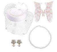 Hiceeden White Fascinator for Women, Elegant Tea Party Hat, Wedding and Funeral Headpiece with Veil, 20s 50s Pillbox Style, Short Lace Floral Gloves, Pearl Earring and Necklace