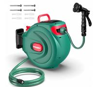 HICHIKA Hose Reel 20M - Wall Mounted Retractable Hose Reel for Garden, Auto Lock and Auto Rewind, 8 Function Spray Gun, 180°Swivel Hose Box, Outdoor Watering Securely Store
