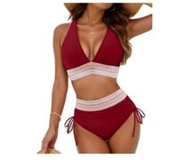 Hicodbek Bikini Women's Set Sexy Swimsuit Swimwear High Waist Colour Block Two Piece Drawstring Swimsuits Bikini for Women, wine red, M