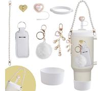 HICOHAND 8PCS Water Cup Accessories Decoration Sports Water Bottles Including Pearl Handle Strap, Chap stick Holder, Silicone Cup Boot, Charms, Straw Cover, Pom-pom Boll(White)