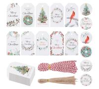 HICOHAND Christmas Paper Gift Tags with String, 100PCS Christmas Name Tags with String Attached Watercolor Plant Merry Christmas Seasonal Wishes Hanging Labels Pre-Punched with Holes