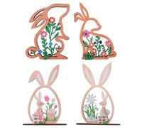 HICOHAND Easter Bunny Decoration, 4pcs Wooden Bunny Table Decorations Sign Flower Farmhouse Rabbit Tiered Tray for Table Top Office Party Shelf