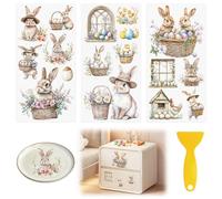 HICOHAND Easter Rabbit Rub On Transfers, 3pcs Waterproof Easter Flower Basket Rabbit UV DTF Wrap Stickers Decals for Furniture Crafts Booking DIY Home Door