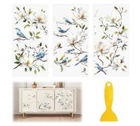 HICOHAND Floral Rub On Transfers, 3pcs Large Vintage Magnolia and Blue Birds Stickers Waterproof Decals for Bookcase Wardrobe DIY Home Door