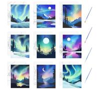 HICOHAND Pre Drawn Canvas, 9 PCS Forest Aurora Pre Printed Canvas Papers Scenery Pre Drawing Canvas DIY Ready to Paint Set with 4 Brushes Arts Drawing Gifts