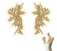HICOHAND Rhinestone Beaded Applique Patches, 2pcs Gold Rhinestones Clothes Epaulette Shoulder Patches Sew-on Diamond for Wedding Dress DIY Accessories