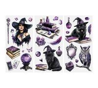 HICOHAND Sorcery Rub on Transfers Stickers, 3 Sheets Magic Witch Purple Furniture Transfers Black Cat Magical Elements Waterproof Decals for Home Halloween Party Crafts