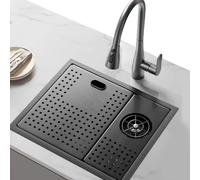 Hidden Bar Sink with Cover Black Stainless Steel Kitchen Sink with Cup Washer Black Pull-Out Faucet Including Accessories(48x30cm)