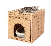 Hidden Cat Litter Box Enclosure Furniture, Dog Proof Indoor Cat House | Stylish handwoven rattan cat litter box enclosure with litter mat, dog-proof design locks litter smell and provides privacy