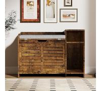 Hidden Cat Litter Box Enclosure Furniture, Wooden Cat Washroom with Flip Top Opening Doors, Multifunctional Nightstand/End Table with Cushion, Storage Shelf & Scratch Pad, Farmhouse Pet House