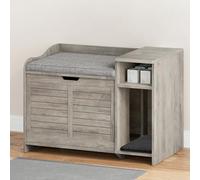 Hidden Cat Litter Box Enclosure Furniture, Wooden Cat Washroom with Flip Top Opening Doors, Multifunctional Nightstand/End Table with Cushion, Storage Shelf & Scratch Pad, Farmhouse Pet House