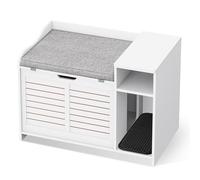 Hidden Cat Litter Box Enclosure Furniture, Wooden Cat Washroom with Flip Top Opening Doors, Multifunctional Nightstand/End Table with Cushion, Storage Shelf & Scratch Pad, Farmhouse Pet House