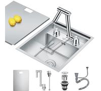 Hidden Concealed Kitchen Bar Sink with Folding Faucet, Hidden Stainless Steel Undermount Workstation Bar Single Bowl Sink for Small Kitchen Prep RV (Silver A, 35x45x22CM)