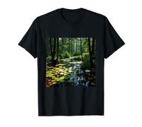 Hidden Forest Pond Water Lily Woodland Landscape Artwork T-Shirt